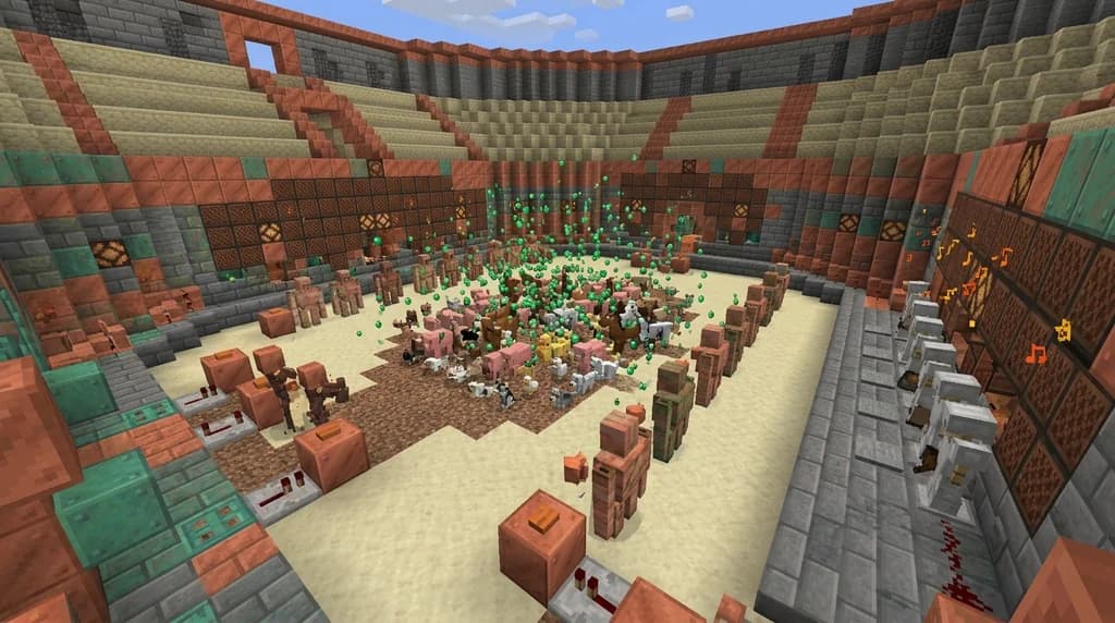 A cinematic Minecraft arena filled with age-locked baby mobs surrounded by green golden dandelion particles, copper golems pressing buttons, and oxidized trumpet note blocks lining the copper walls