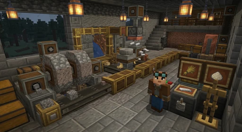 A Create mod factory interior with crushing wheel, millstone, and press machines, and a player interacting with a recipe selection GUI.