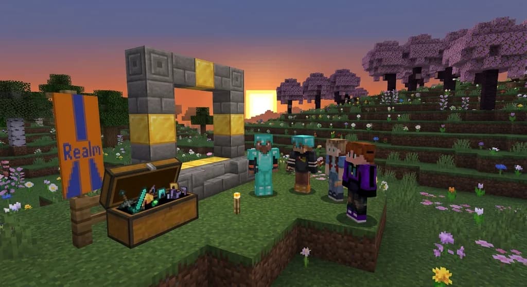 Four Minecraft players in a flower forest at sunset, standing by a stone portal with a 'Realm' banner and a chest.