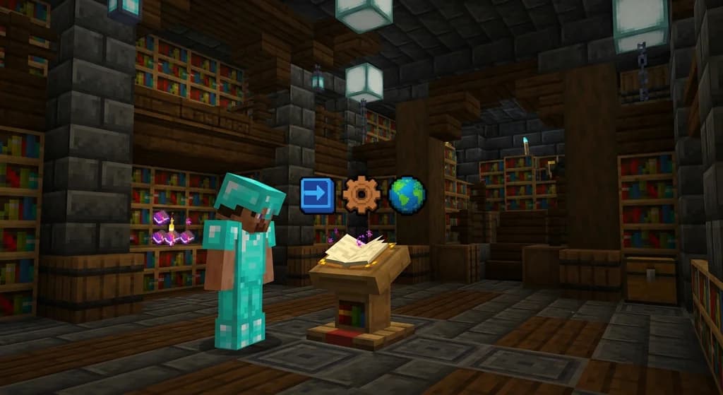 Minecraft library scene with bookshelves, enchantment table, and floating symbols for cross-platform mods.