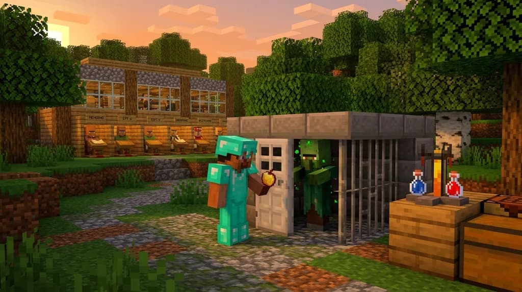 Minecraft player curing a zombie villager with a golden apple inside a stone cage, with a brewing stand and trading hall in the background.