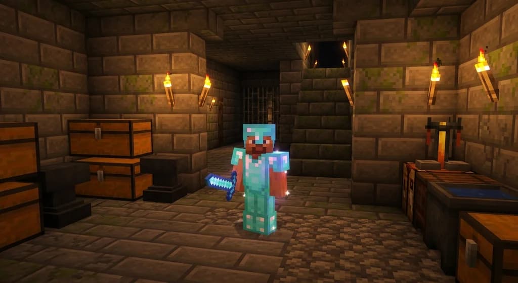 Minecraft player in enchanted diamond armor holding a glowing diamond sword in a stone brick room with chests and anvil.