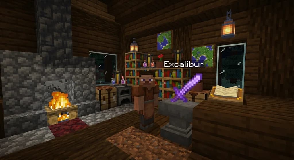 A Minecraft player in a study crafting a named enchanted sword with a lore book on the anvil.