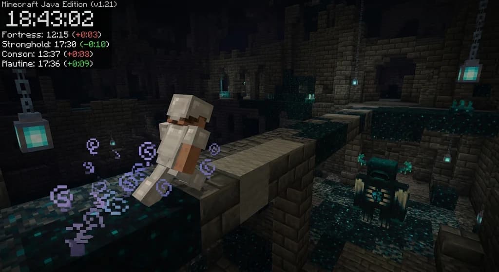 Minecraft player speedrunning through the deep dark, avoiding wardens to loot ancient city chests for Swift Sneak enchantments.