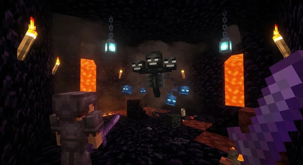 Hardcore Minecraft player in netherite armor facing the Wither in an underground obsidian arena.