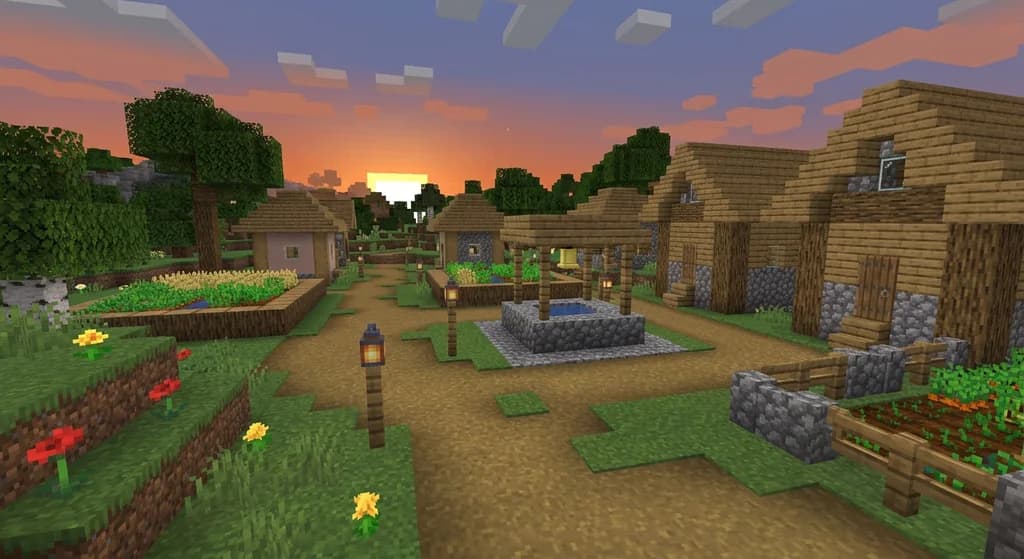 A scenic view of a dirt path in a Minecraft village with houses and lanterns.