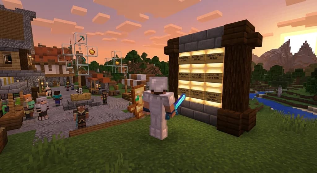 Minecraft quest hub with player viewing quest board, custom items, and reward crates in a medieval village setting.