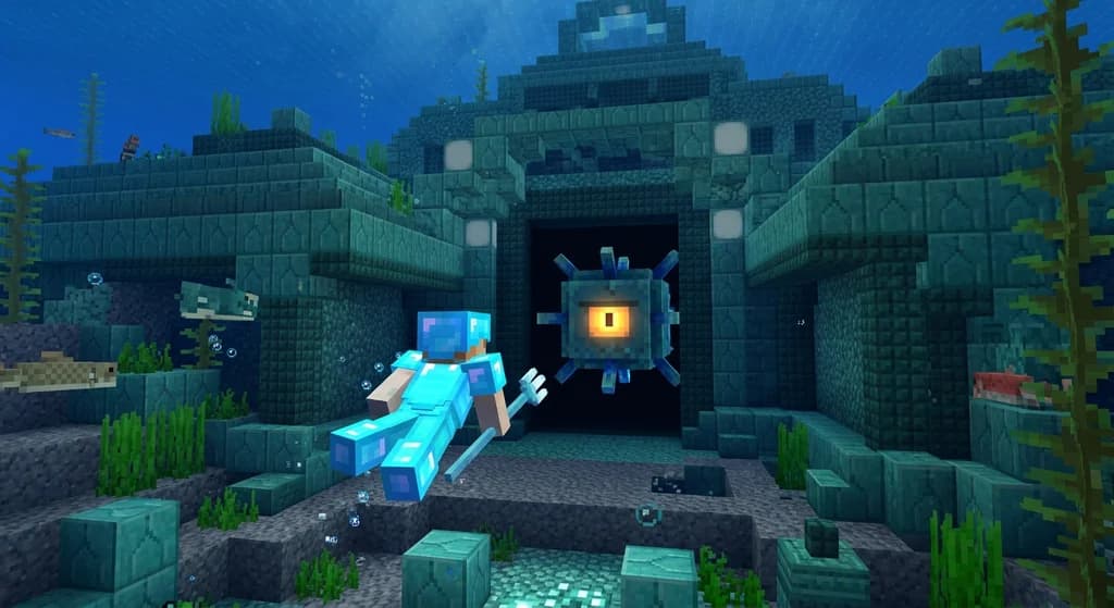 A player swimming towards an ocean monument with an elder guardian's eye glowing inside the entrance.