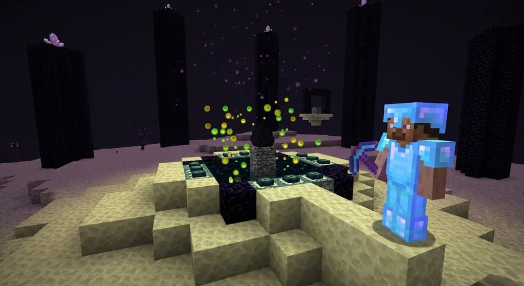 Player standing on End island with dragon egg on exit portal and experience orbs after defeating Ender Dragon.