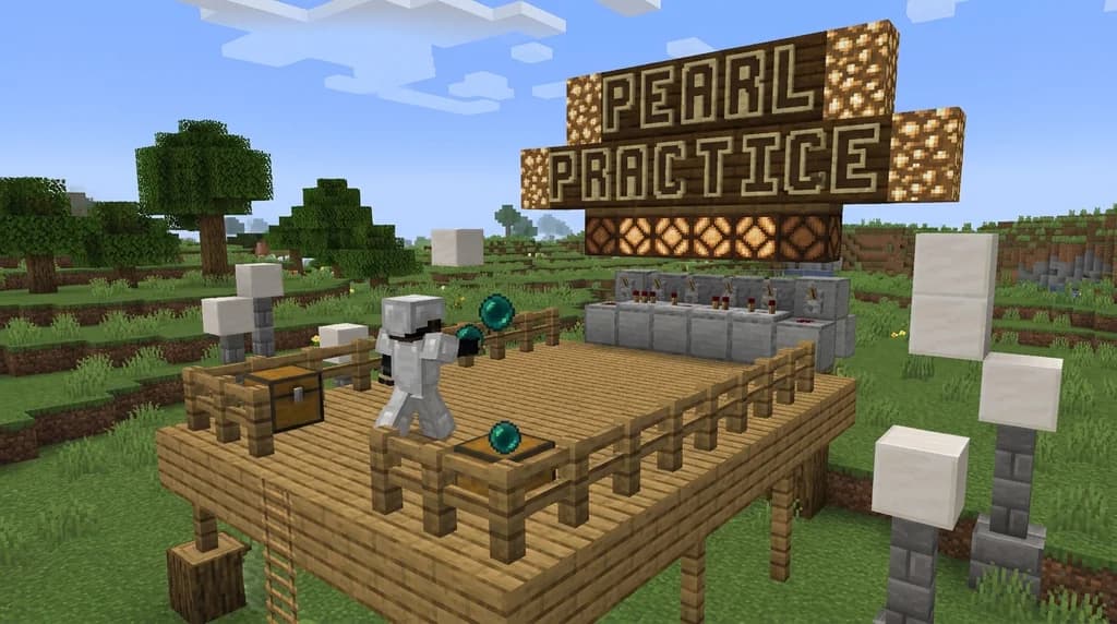 Minecraft player practicing ender pearl throws on a custom practice course with target blocks and a timing system.