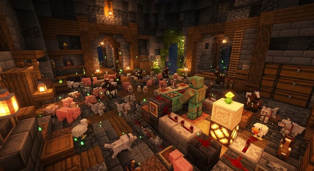 A Minecraft hardcore survival base called the Eternal Nursery, packed with golden-dandelion-frozen baby mobs and a copper golem automation station glowing with redstone circuits