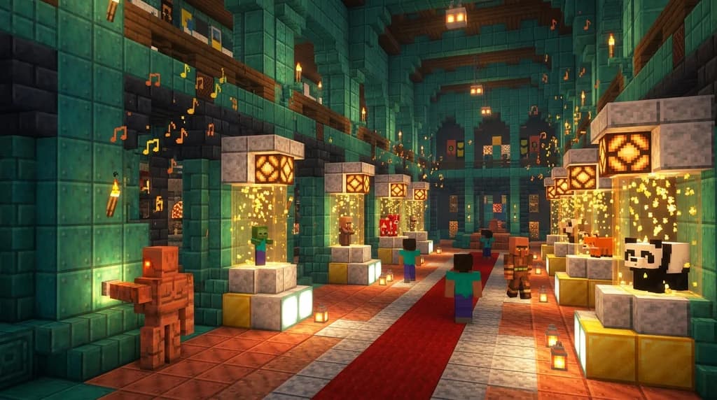 A Minecraft museum hall filled with baby mob exhibits on glowing pedestals, Copper Golems pressing buttons, and oxidized copper walls emitting trumpet note block particles