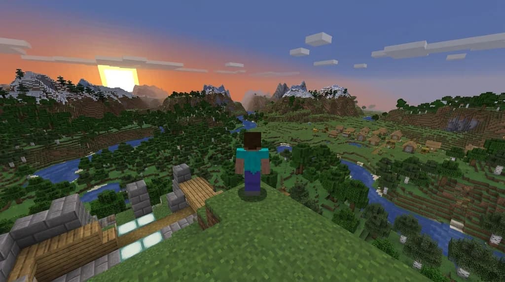 Minecraft player on a hilltop viewing a high-performance, optimized world with distant terrain and warm lighting