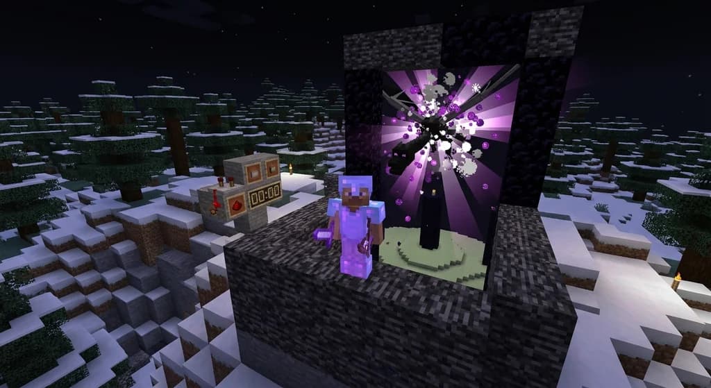 Minecraft player celebrating a speedrun world record with the Ender Dragon death animation behind a nether portal.