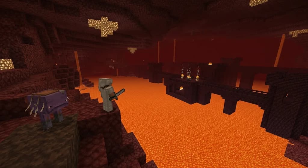 Minecraft player in nether overlooking a fortress with F3 debug screen showing Z coordinate 256.