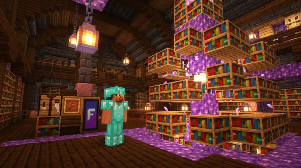 Minecraft player standing in a library of floating modpacks, searching for the perfect vanilla-enhanced experience.