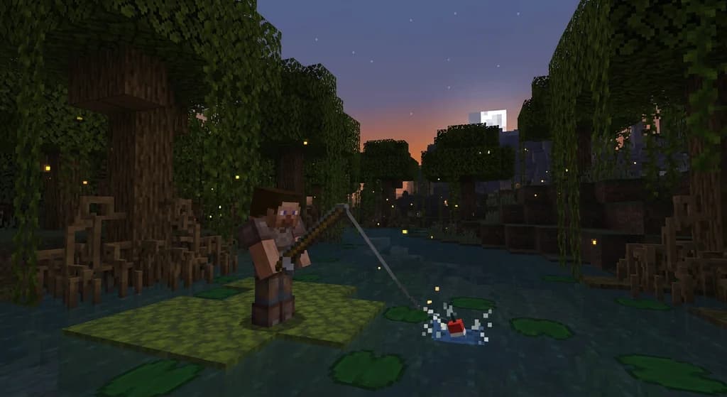 A player fishing from a lily pad in a swamp at twilight, with fireflies and mangroves.