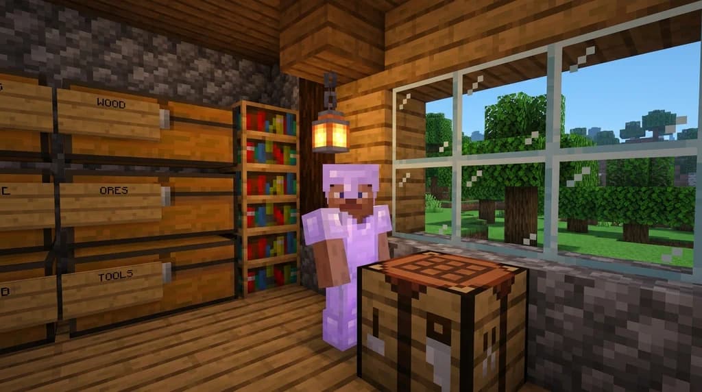 Minecraft player troubleshooting mods at a crafting table in a clean vanilla-style base with labeled chests and bookshelves.