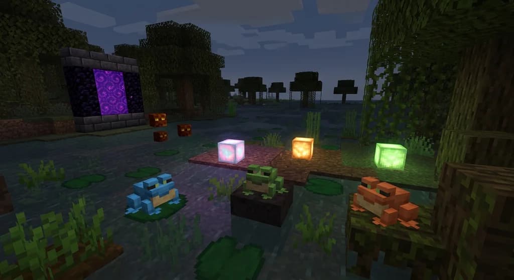 Three frogs of different colors near a nether portal in a mangrove swamp, with pearlescent, verdant, and ochre froglight blocks glowing on the ground.