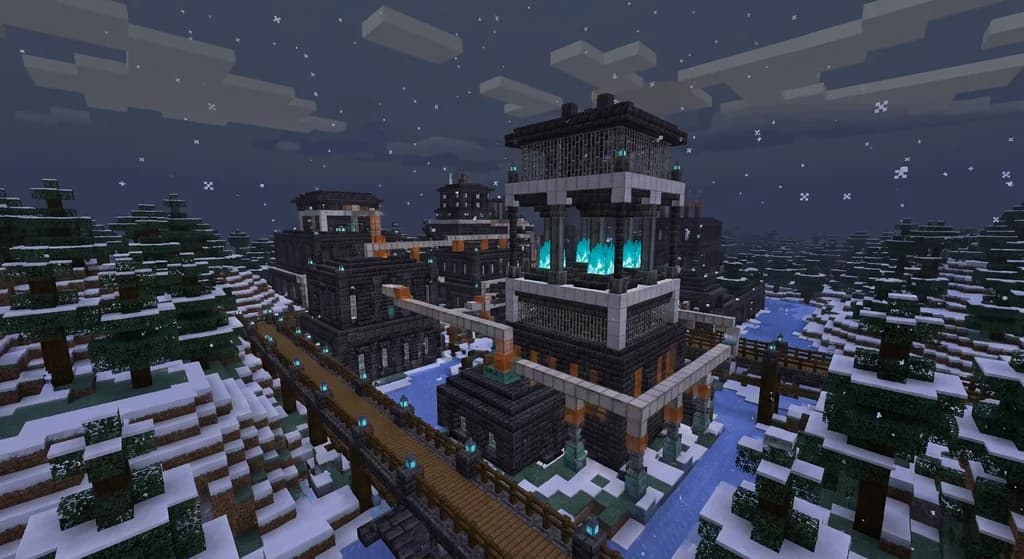 A Frostpunk-inspired Minecraft cityscape in a snowy biome, featuring deepslate industrial builds, copper pipes, and lanterns glowing against the cold.