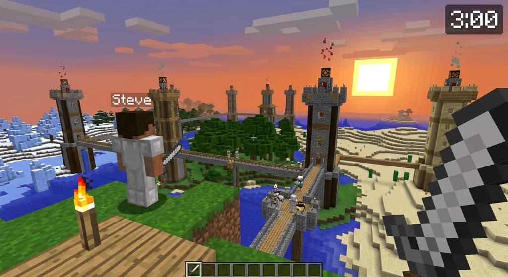 A player overlooking towers and generators in the GenWars Bedrock Edition PvP server from a sky platform.