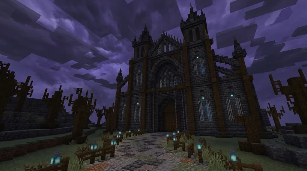 A towering Minecraft gothic cathedral built from deepslate bricks, polished blackstone, and dark oak with soul lanterns glowing blue along iron bar windows under a stormy sky.