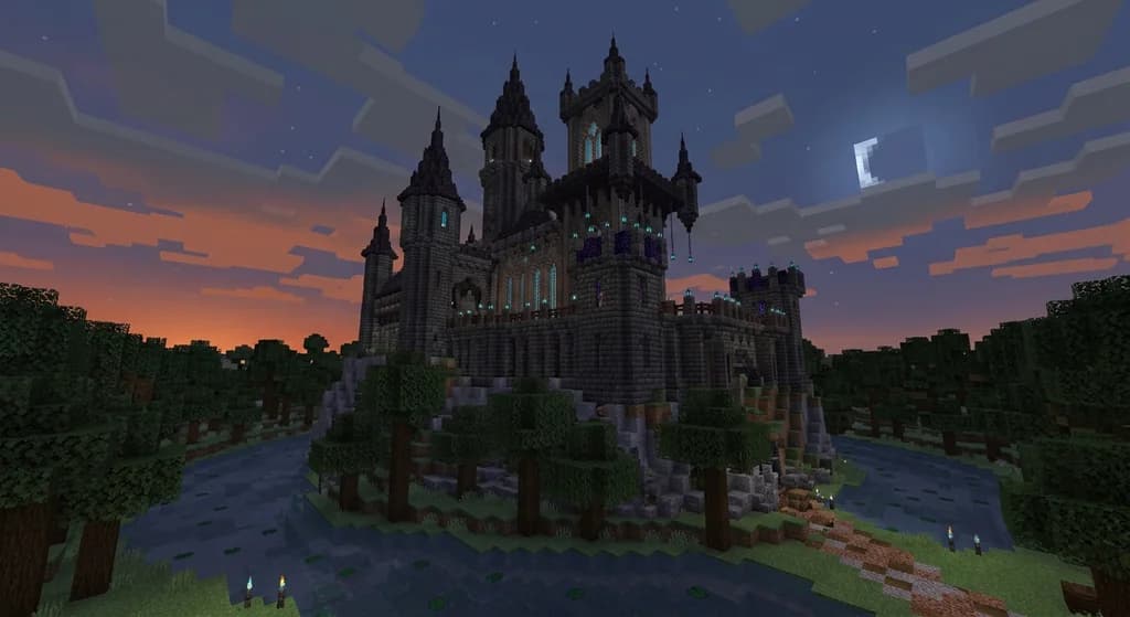 A towering Minecraft gothic castle built from deepslate bricks and polished blackstone with glowing soul lanterns, chain details, and dark oak spires under a twilight sky