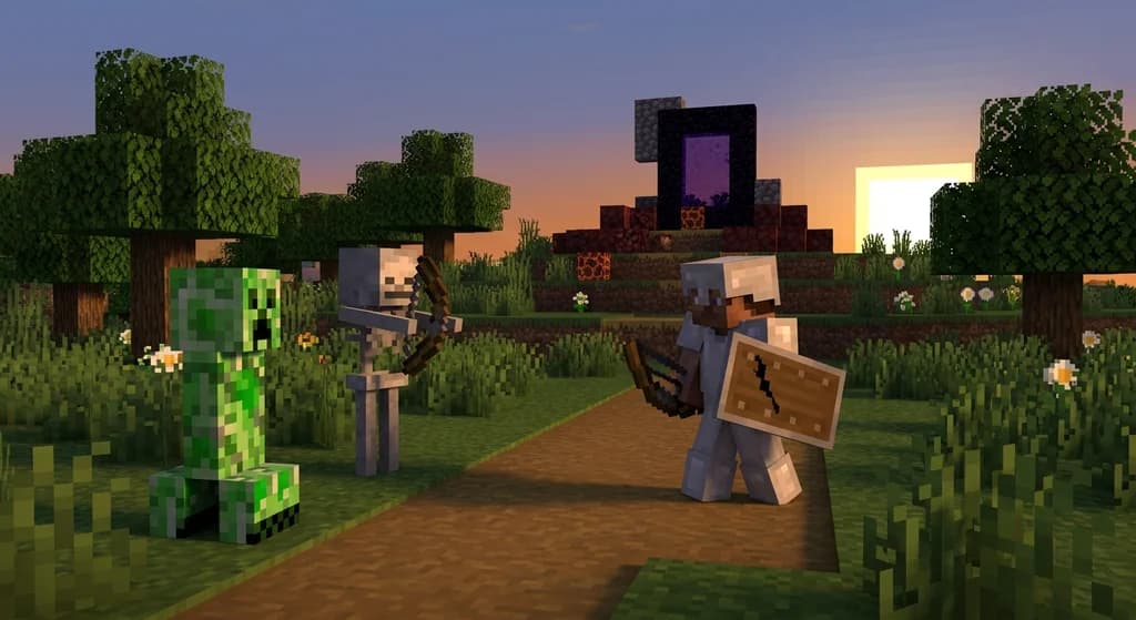 Player in iron armor facing a creeper and skeleton at dusk in a plains biome with ruined nether portal, symbolizing hardcore mode.