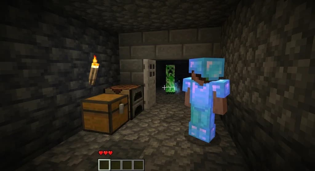 Player with low health inside a deepslate bunker in Hardcore Minecraft