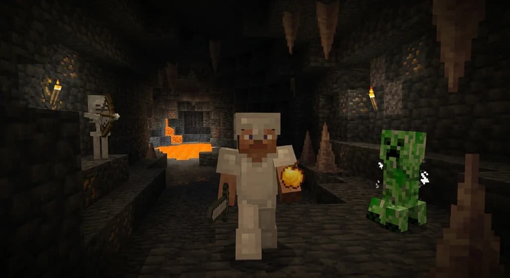 Minecraft player surviving UHC no-regen hardcore challenge, holding a golden apple in a dangerous cave.