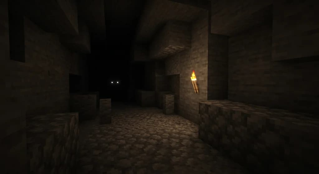 Dark Minecraft cave with two faint white glowing dots in the distance, evoking the Herobrine legend.