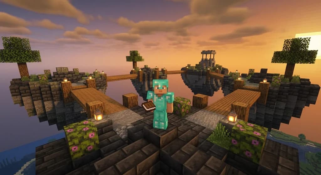 Player standing on a floating island with stone structures, holding a book, representing a customized Minecraft world using data packs.