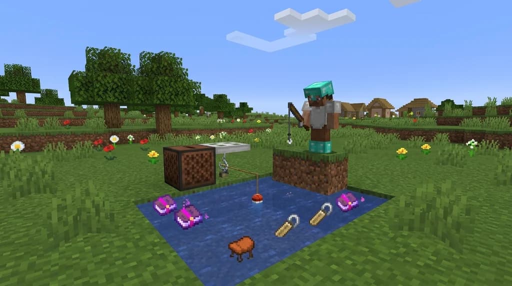 Minecraft note block AFK fish farm with treasure items floating above water