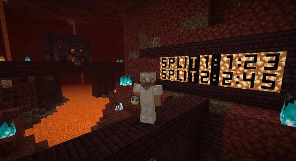 Player analyzing a Minecraft speedrun split display in a Nether fortress
