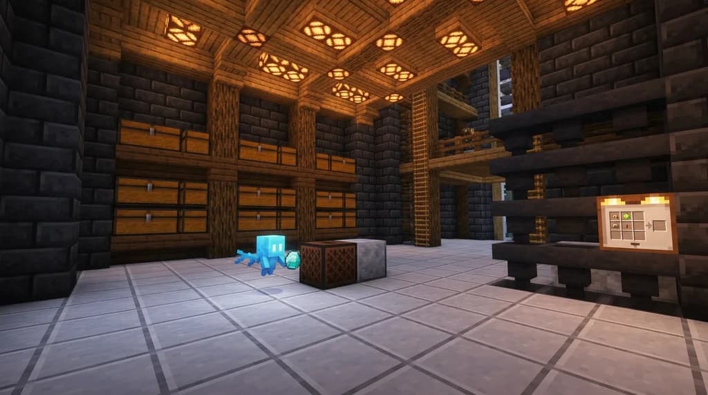 A Minecraft allay flying above a note block and chest sorting system in a player's base