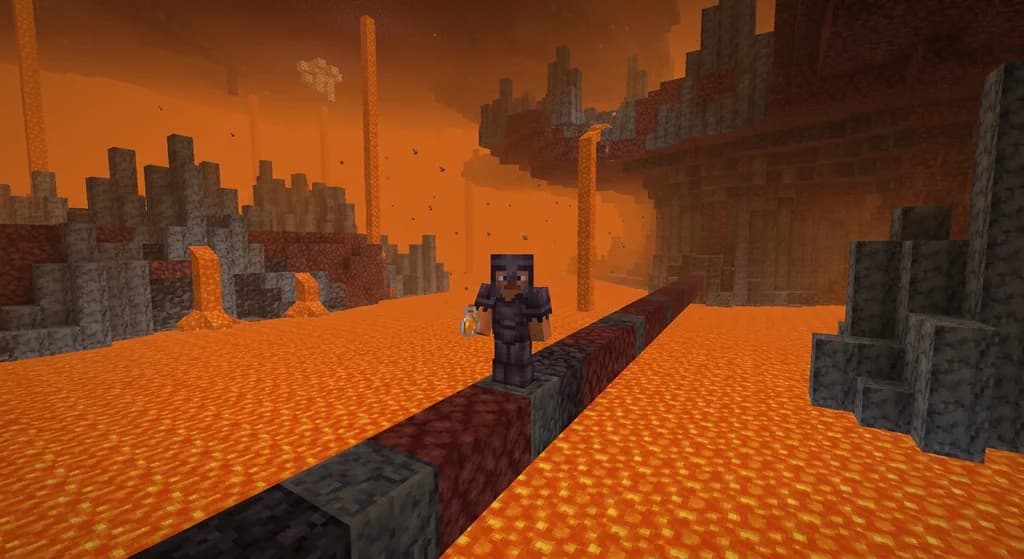 A hardcore Minecraft player traversing a narrow bridge over a vast lava lake in the Nether, demonstrating how to avoid lava deaths in permadeath mode.