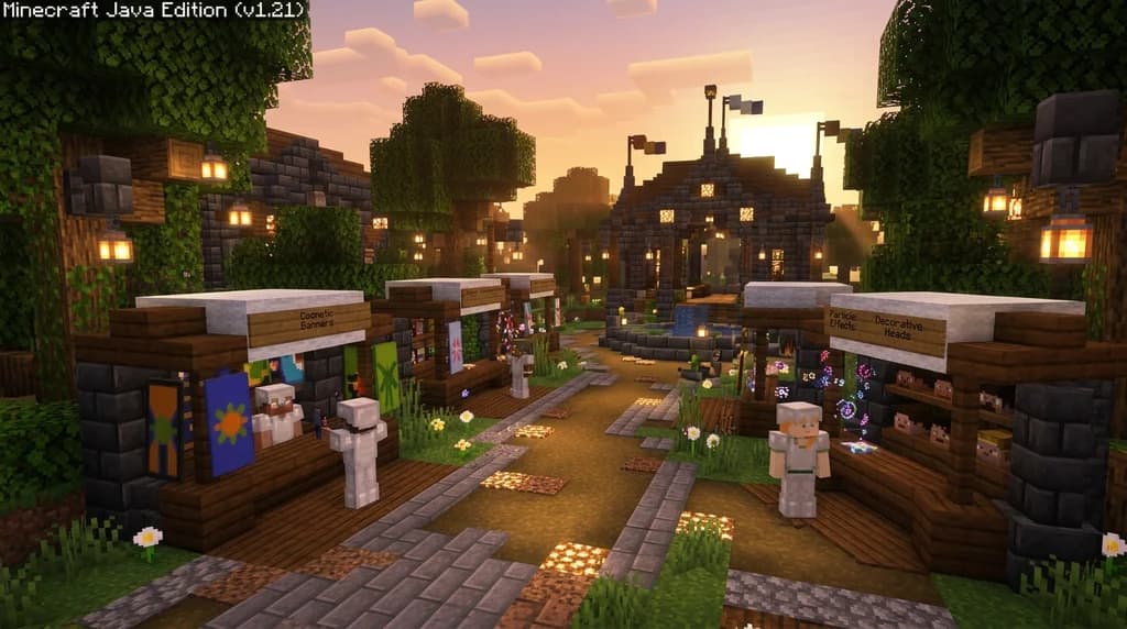 A Minecraft SMP server spawn hub built from deepslate and dark oak with players browsing cosmetics-only market stalls, representing a fair non-pay-to-win server environment.