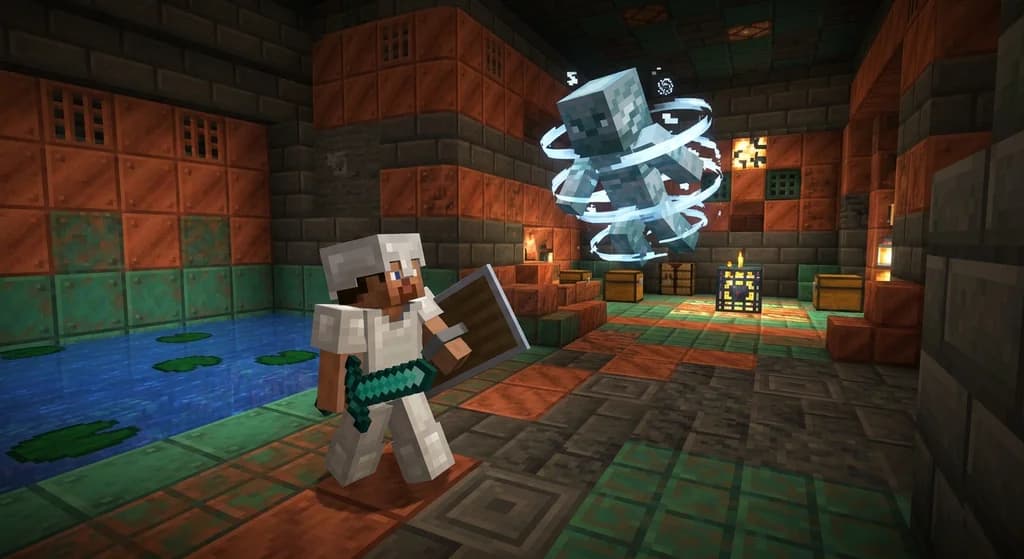 Minecraft player battling a Breeze in a trial chamber