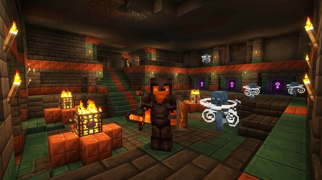 A Minecraft player in netherite armor facing glowing ominous trial spawners inside a tuff brick trial chamber with purple ominous vaults and breeze mobs in the background
