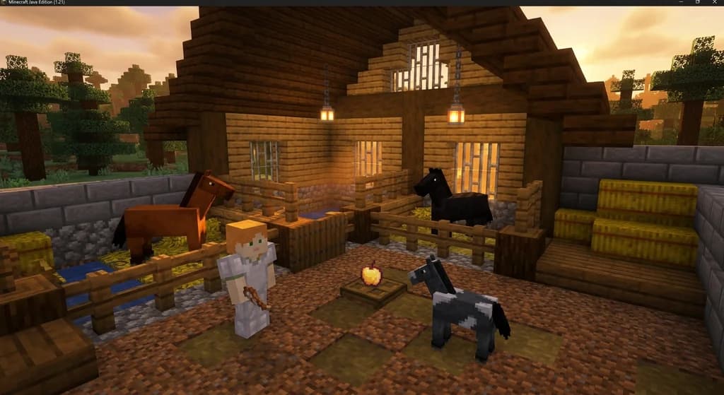 Minecraft stable with two horses being bred using a golden apple, and a foal nearby.