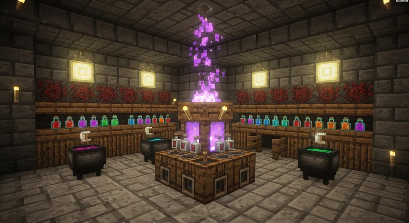 A Minecraft brewing room built from dark oak and stone bricks with a glowing Brewing Stand surrounded by shelves of colorful potion bottles and Nether Wart on the walls
