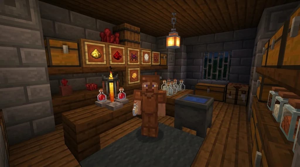Interior of a Minecraft potion brewing room with a brewing stand, cauldron, and ingredient shelves.