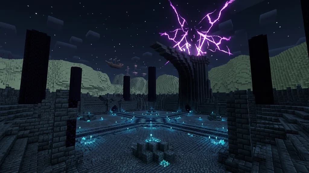 A large Minecraft Ender Dragon arena made of obsidian and deepslate with pillars of light and a raised central highest platform under a night sky.