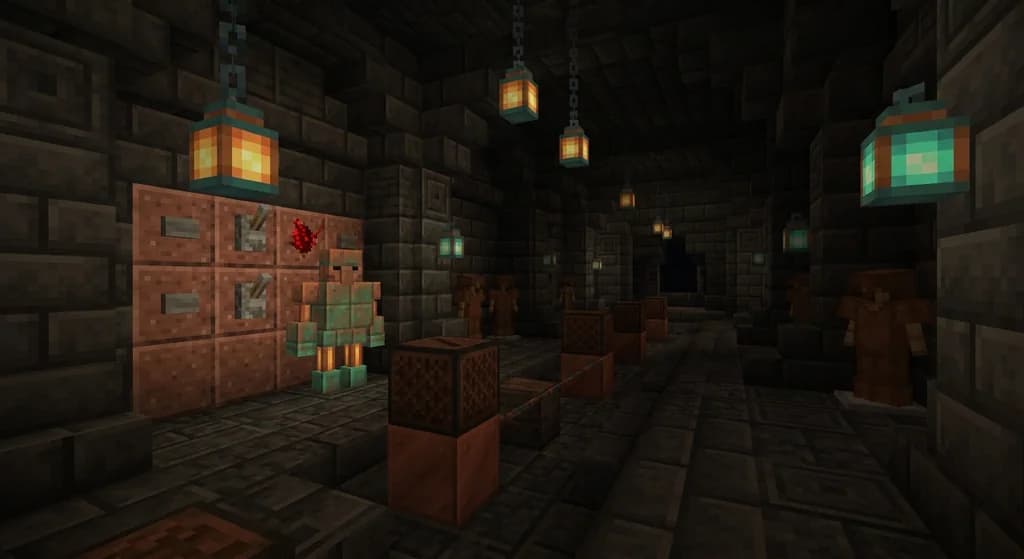 A Minecraft stealth heist course interior featuring Copper Golem guards, Mannequin decoys in shadowy alcoves, and oxidized copper trumpet Note Block alarm tripwires lining a stone vault corridor