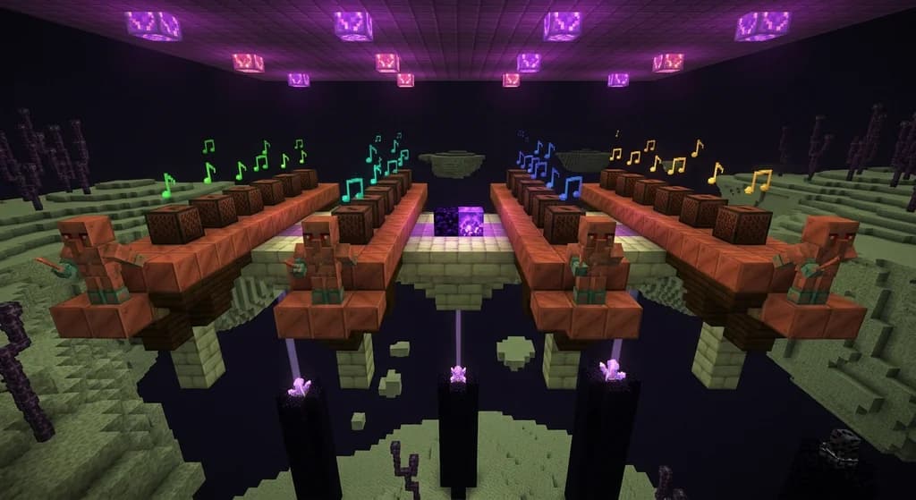 Four copper trumpet note block lanes in The End dimension, each at a different oxidation level, lit by flashing skylight pulses, with Copper Golems standing as lane conductors in a Minecraft rhythm trial arena.