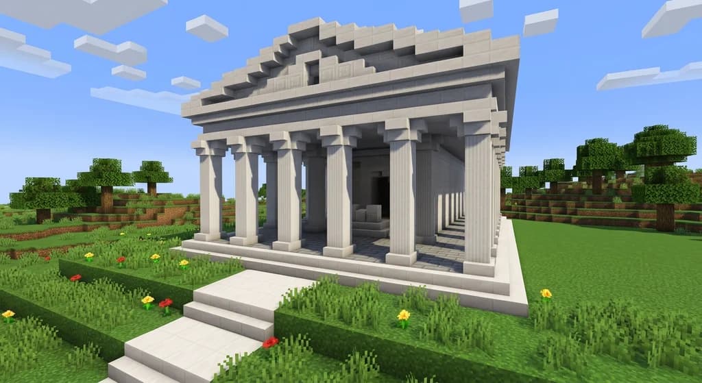 Minecraft Greek temple made of quartz blocks and pillars, showing marble-like texture and classical architecture style