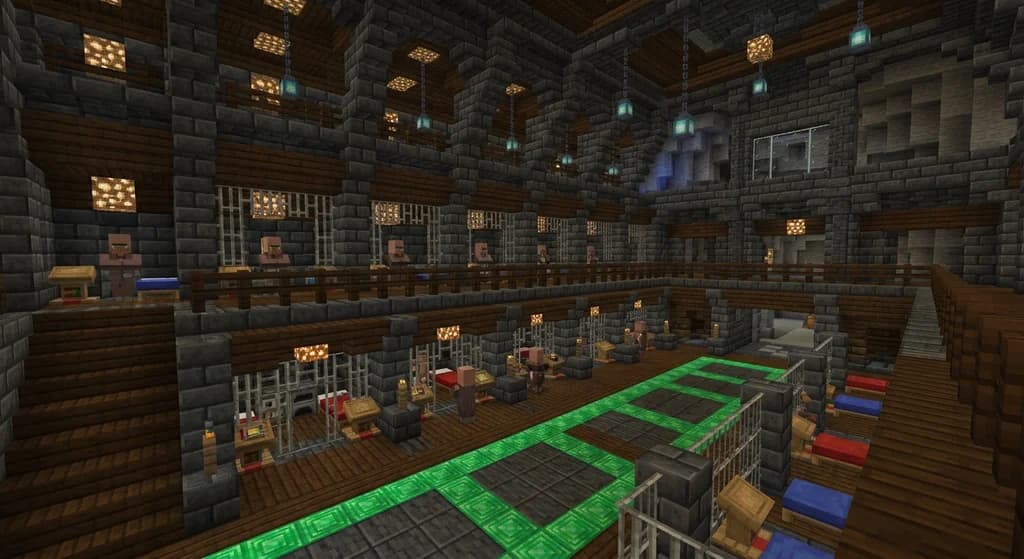 Interior of a Minecraft trading hall built from polished deepslate and dark oak, featuring rows of villager cells with lecterns, blast furnaces, and brewing stands lit by glowstone and sea lanterns