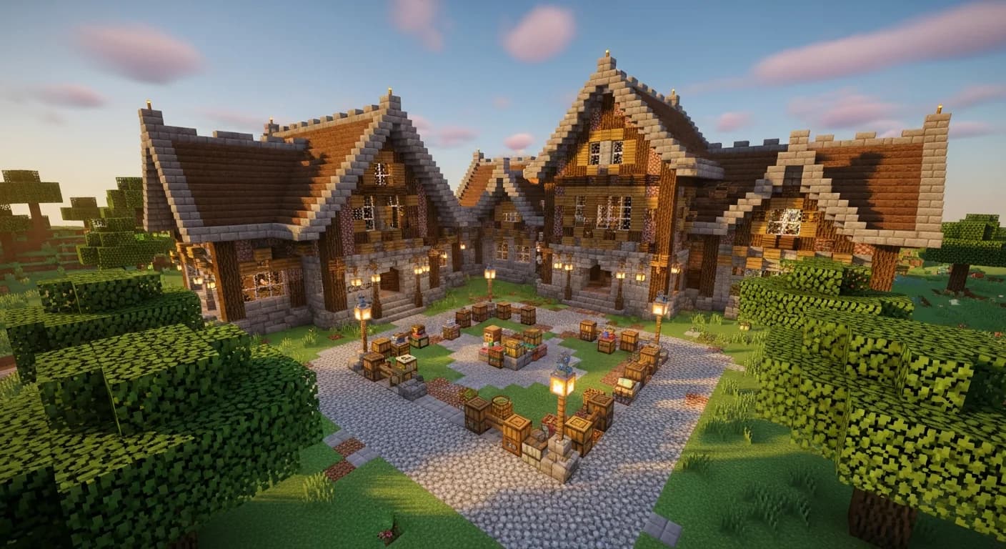A large Minecraft community house built from stone brick and oak planks with sea lantern lighting, a central courtyard, and multiple wings for crafting and storage