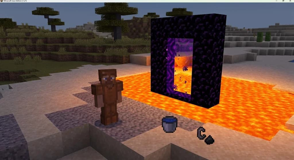 A Minecraft speedrun portal built from obsidian at a surface lava pool, glowing purple with a player in leather armor ready to enter the Nether.
