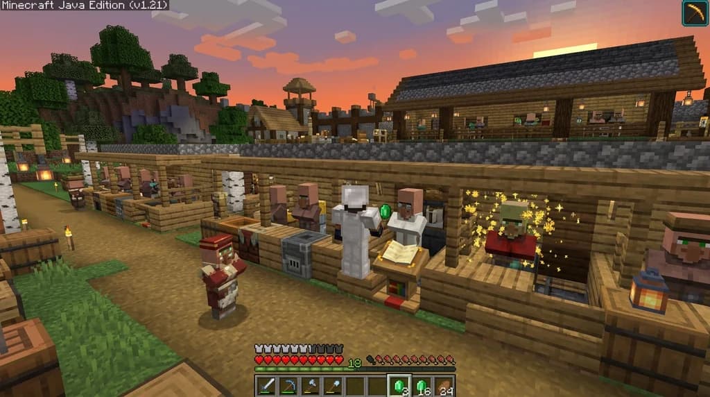 A detailed Minecraft villager trading post interior with labeled profession stalls, a player trading, and a recently cured zombie villager.